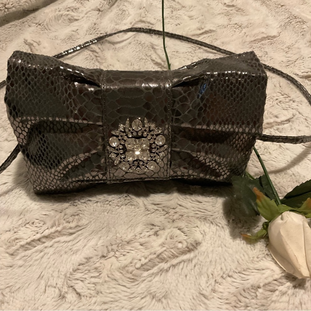 IMAN Shiny Faux Snakeskin Evening Bag with Rhinestone Brooch Embellishment